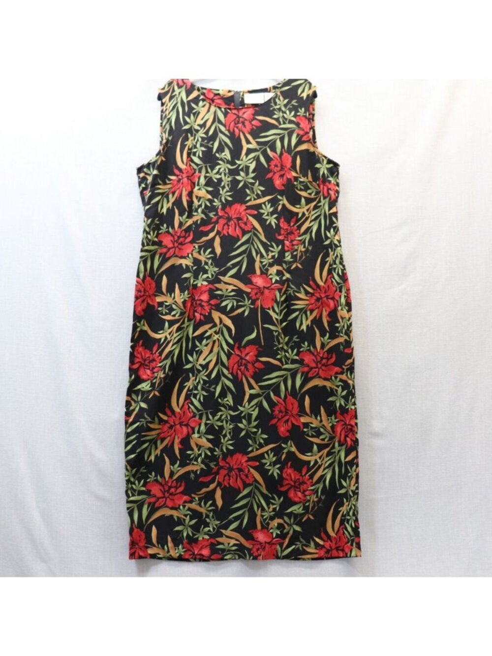 VTG Kathie Lee Collection Sheath Maxi Dress XL (16/18) Black Red Tropical Floral